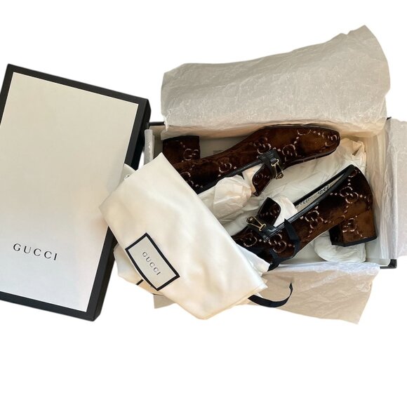 GUCCI Velvet GG Logo Block Heel Brown Square Toe Mules Loafers Flats Cat \\ 37 - Picture 13 of 13